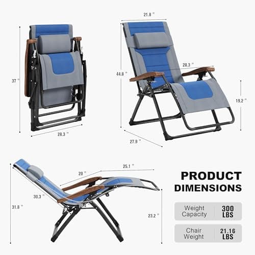 PURPLE LEAF Oversized Outdoor Reclining Chair Set of 2 Patio Zero Gravity Chaise Lounge Folding Chair with Quilted Cushion Adjustable Headrest for Lawn Camping Beach Pool Grey and Navy Blue - Thumbnail 2