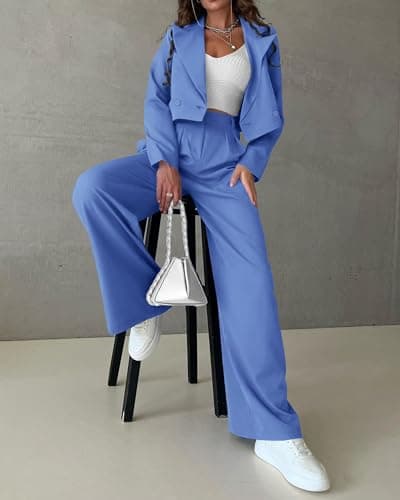 KIRUNDO Two Piece Sets for Women Fall 2025 Cropped Blazer Wide Leg Work Pants Business Professional Office Attire(Sky Blue, X-Large) - Thumbnail 2