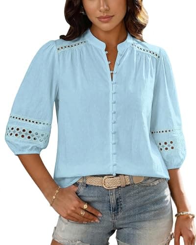 Bsubseach Women Button Down Shirt 3/4 Puff Sleeve Dressy Casual Blouse Cotton Eyelet Boho Mandarin Collar Tops Air Blue L - Image 1