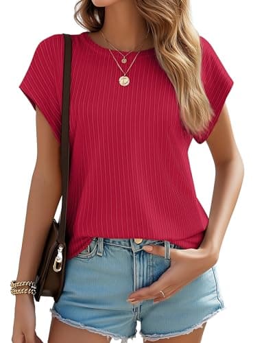 JUSTFASHIONNOW Womens Short Sleeve Blouses Business Casual Tops Crew Neck Basic Tees Textured Work Shirts Cute Office Outfits (Red,L) - Image 1