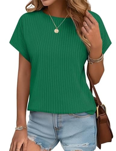 JUSTFASHIONNOW Womens Short Sleeve Blouses Business Casual Tops Crew Neck Basic Tees Textured Work Shirts Cute Office Outfits(Green,L) - Thumbnail 2