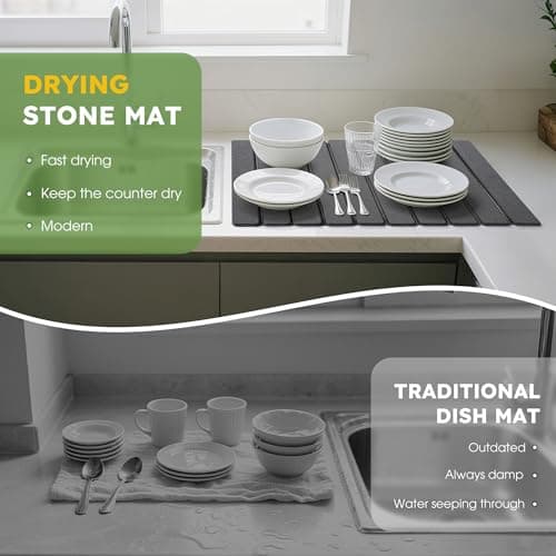 HABUTWAY Large Stone Dish Drying Mat for Kitchen Counter – 24"×16" Collapsible Diatomaceous Earth Mat, Ultra Absorbent & Quick Dry, Foldable Drying Pad for Dishes, Bottles, Cups (Dark Grey) - Thumbnail 5