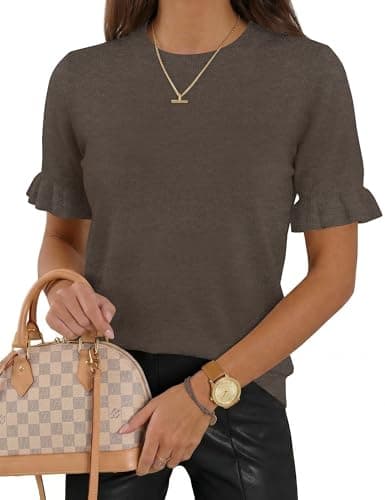 LaGracia Womens Summer Tops Cute Puff Short Sleeve Sweater Spring Outfits Fashion Crewneck Business Causal Work Clothes Fashion 2026 Brown M - Image 1