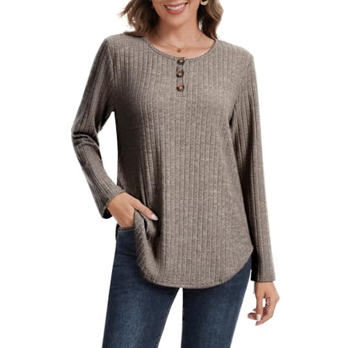 MAGICATELIER Women Long Sleeve Sweater Button Crew Neck Fall Winter Outfits Cute Tunic Tops Plus Size Shirt Loose Fit Dressy Casual Blouse Coffee - Image 1
