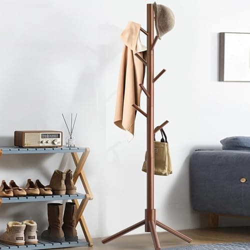 Aliphon Wooden Coat Rack Stand, Freestanding Coat Rack with 8 Hooks, 3 Adjustable Size Coat Tree for Hats, Coats, Scarves bags, Coat Hanger Stand Used in Bedroom/Office/Entryway （Brown） - Thumbnail 3