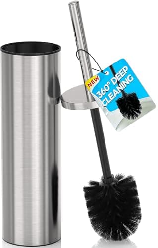 DOWRY Stainless Steel Toilet Bowl Brush and Holder for Bathroom, Deep Cleaning Toilet Brush and Holder Set with Long Handle, Hidden Toilet Bowl Brush with 2 Heads,Modern Decor Nickel Brushed Round - Image 1