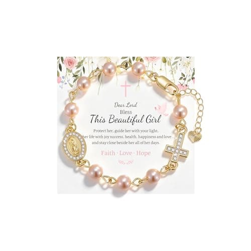 Catholic Crucifix Rosary Bracelet Gifts for Women-14K Gold Plated Simulated Pink Pearl Rosary Beads Virgin Mary Jesus Cross Charm Link Chain, Virgen de Guadalupe Religious Gift for Confirmation Baptism - Image 1