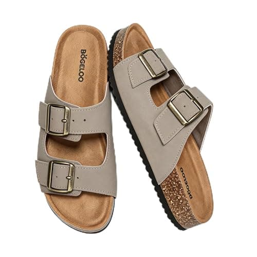BOGELOO Kids Sandals for Girls & Boys Footbed Non-Slip Cork Boys & Girls Slide Toddler Slippers with Adjustable Straps for Indoor & Outdoor(Taupe,4 Big Kid) - Image 1