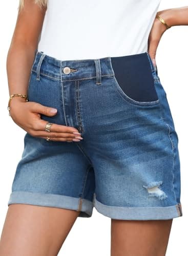 BLENCOT Women's Maternity Mid-Rise Elastic Panel Stretch Ripped Denim Shorts Under Belly Trendy Soft Cuffed Hem Pregnancy Jeans Shorts Sky Blue XL - Image 1
