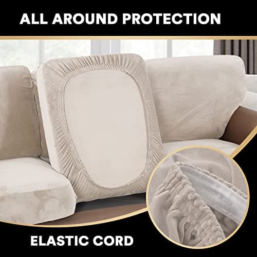 PrinceDeco 4 Piece Luxury Thick Velvet Sofa Covers（2 Base Cover Plus 2 Seat Cushion Covers） Couch Covers for 2 Cushion Couch Sofa Couch Cover for Dogs, Machine Washable(Loveseat, Ivory) - Thumbnail 6