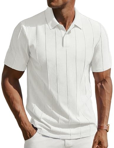 PJ PAUL JONES Mens Knit Polo Shirts Short Sleeve Textured Polo Golf Collared Shirt Casual Vacation Fashion Tops White M - Image 1