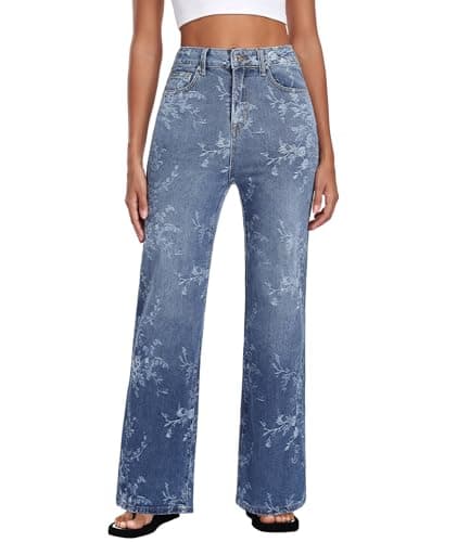 MARIASHA Jeans for Women New Flared Leg Stretch High Wasited Printed Pocket Pants Embroidery Print Blue 3XL - Image 1