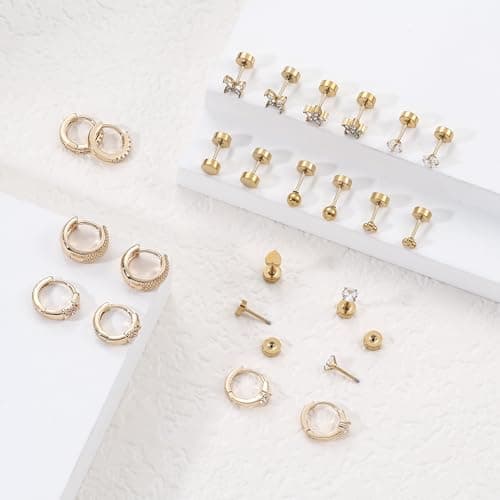 Wgoud 12 Pairs Hypoallergenic Surgical Steel Earrings for Sensitive Ears Waterproof Trendy Gold Plated Small Stud Flat Back Stainless Steel Earrings for Women Men Hoop Cartilage Earring Set for Multiple Piercing (Gold-tone) - Thumbnail 5