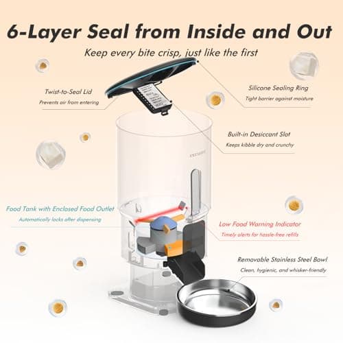 Automatic Cat Feeder - 5L Anti-Clog Cat Food Dispenser Keeps 2-15mm Dry Food Fresh, 10s Voice, 1-6 Meals/Day, Programmable Portions, 180-Day Battery Life, Easy to Clean Auto Pet Feeder for Small Dog - Thumbnail 4