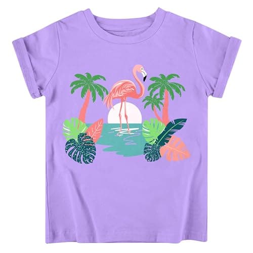Funnycokid Little Girls Shirt Size 6 7 Kids Pink Tee Hawaiian Flamingo Animal T-Shirt Graphic Short Sleeve Clothes Tops - Image 1