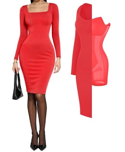 Popilush Plus Size Dresses Long Sleeve Cocktail Red Square Neck Midi Dress Shapewear Tummy Control Bodycon Dress Party Evening Built in Bra - Image 1