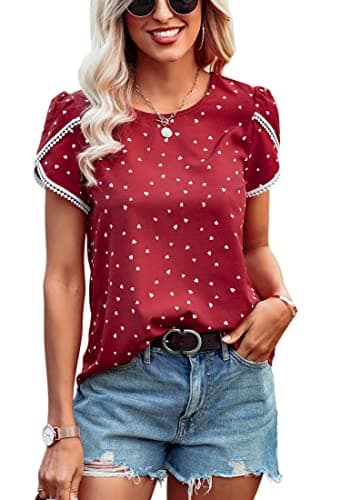 Angashion Women's Tops Casual Floral Print Lace Crochet Short Sleeve Crewneck Summer Loose Blouse Shirt Tunic Top Red White L - Image 1