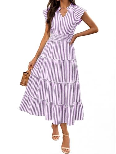 Caracilia Womens Summer Maxi Dresses Casual V Neck Cap Sleeve Gingham Striped Dress Flowy Tiered Beach Vacation Midi Sundress Purple White Stripe X-Large - Image 1