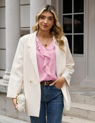 Aprolive Womens Business 3/4 Sleeve V Neck Ruffle Office Work Shirt Ladies Cute Flowy Trendy Concert Fashion Vests(Pink Floral,Large) - Thumbnail 6