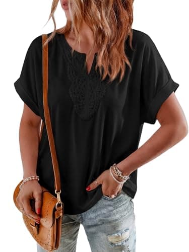 PRETTYGARDEN Womens V Neck T Shirts Rolled Up Short Sleeve Basic Tee Shirt Casual Summer Lace Front Boho Tops Ladied Blouses (Black, Medium) - Image 1