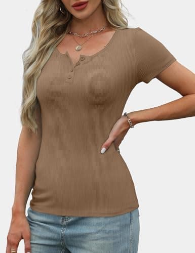 GKBK Fitted Short Sleeve Shirts for Women Ribbed Scoop Neck Fitted Tight Basic Tee Tshirts 2025 Spring Summer Tops Trendy Outfits Light Khaki S - Thumbnail 3