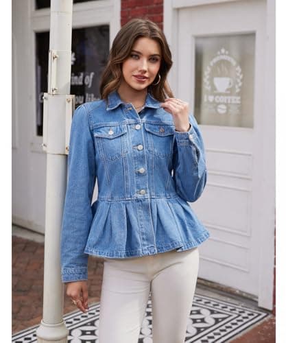 J.Corrine Womens Denim Jacket Peplum Ruffle Hem Jeans Jacket Button Down Casual Trendy Puff Long Sleeve Jean Jackets Blue L - Thumbnail 5