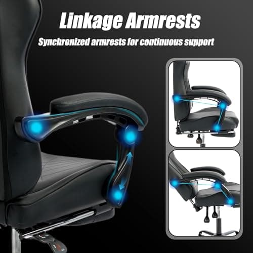 DEEPfurniture Gaming Chair with Footrest, Ergonomic Game Chair with Lumbar Support and Linkage Armrest, Reclining Computer Chair Height Adjustable for Home Office Father's Day(1001-Black) - Thumbnail 4