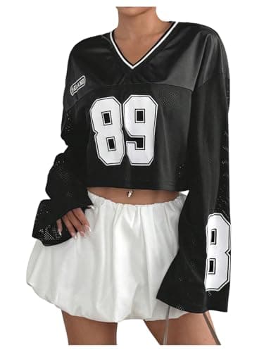Milumia Women's Jersey Shirts Y2k Number Print Long Bell Sleeve Crop Tops Football Jersey Black Medium - Image 1