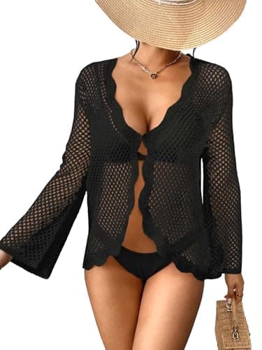 BreathSunny Womens Crochet Knit Loose Fit Swimsuit Coverup Tops Summer 2025 Open Front Ruffle Long Sleeves Hollow Out Swimwear Beach Swim Bathing Suit Cover Up Cropped Cardigans Black M - Image 1