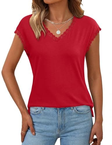 JUSTFASHIONNOW Lace Blouse Soft Cap Sleeve Tops for Women Summer V Neck Tank Tops Dressy Casual Shirts Trendy 2026 Clothes(Red,XX-Large) - Image 1