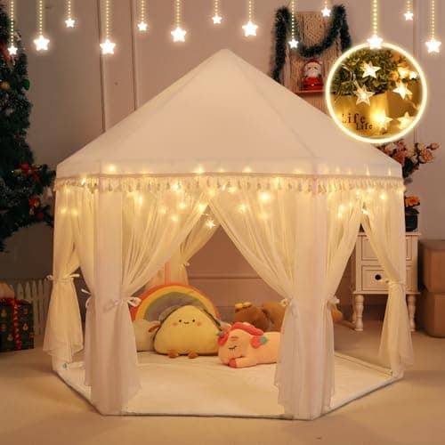 Monobeach White Princess Tent Girls Tassel Decor Large Playhouse Kids Castle Play Tent with Star Lights Toy for Children Indoor and Outdoor Games, 55'' x 53'' (White Princess Tent with Tassel) - Thumbnail 2