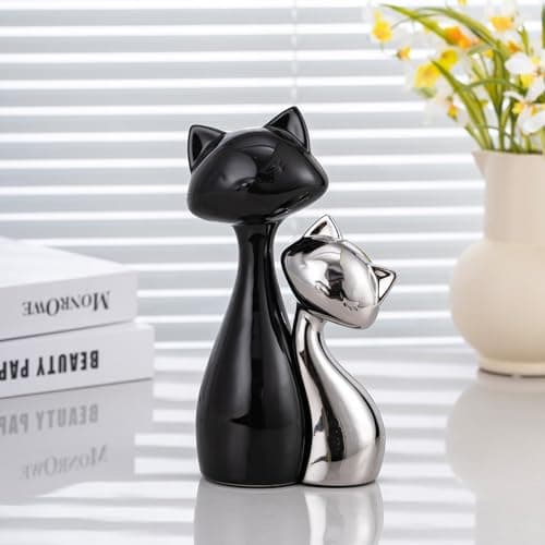 SURE YUESI Ceramic Cat Statue Set of 2, Black & Silver Cute Cat Figurines, Desk & Shelf Decor for Cat Lovers, Office Home Decor, Lucky Cat Memorial Gift for Women - Thumbnail 6