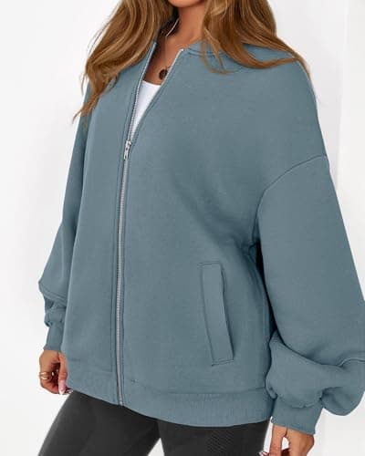 KIRUNDO Oversized Sweatshirt for Women Zip Up Bomber Jacket 2026 Fall Fashion Casual Long Sleeve Outerwear Winter Outfits(Grey Blue, Small) - Thumbnail 3