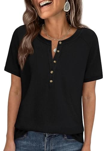PRETTYGARDEN Waffle Knit Tops for Women Short Sleeve Henley Shirts 2026 Summer Blouses Dressy Casual Spring Fashion Clothes (Black,X-Large) - Image 1