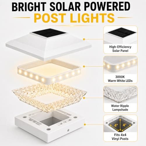 T-SUN 4x4 Solar Post Cap Lights Outdoor 12 Pack, Warm White LED Fence Post Solar Lights Fit for 4x4 Vinyl Posts, Waterproof Deck Light Solar Powered for Garden Patio Gate Porch - Thumbnail 5