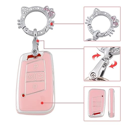 Pangpai Pink Key Fob Cover for VW Volkswagen, Soft TPU Key Case Protection with Bling Keychain Fit for Tiguan Atlas Jetta Passat Golf Alltrack Smart Key - Thumbnail 4