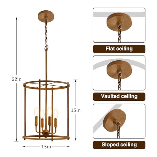 4 Light Chandelier,Farmhouse Ceiling Light Wood Grain Lantern Light Fixtures with Metal Cage Adjustable Height Rustic Hanging Light E12 Base for Kitchen Island, Dining Room, Living Room,Entryway - Thumbnail 2