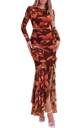 BTFBM Women's Maxi Dresses Fall 2026 Long Sleeve Bodycon Floral Ruffle Cocktail Wedding Guest Dress Concert Outfits(Floral Red Brown,Large) - Image 1