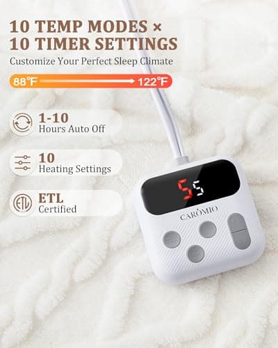 CAROMIO Electric Blanket Twin Size - Thick Tufted Sherpa Heated Blanket Twin with 10 Heating Levels and 10 Time Settings, ETL Certified Machine Washable Fast Heating Blanket Twin 62"×84", White - Thumbnail 3