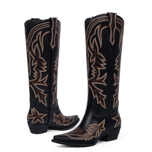 VIUGJNEX Knee High Cowgirl Boots Women Pull on Embroidered Wide Calf Cowboy Boots Women Low Heel Black Boot Womens Pointed Toe Chunky Heel Western Boot Size 6.5 - Thumbnail 5
