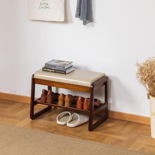 latifolia Solid Wood Bench, Entryway Shoe Bench with Cushion, Flip-Open Storage Compartment, 2-Tier Shoe Organizer(Grey,21.65''L) - Thumbnail 2