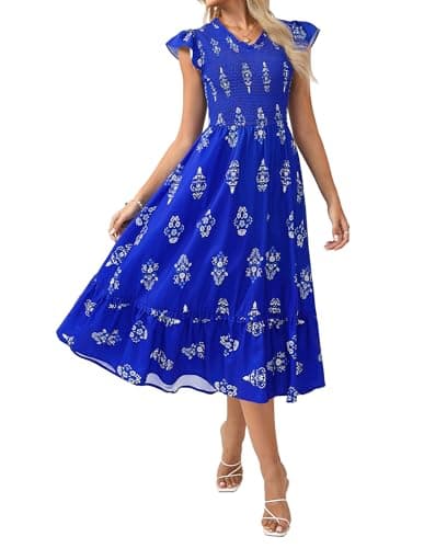 GRACE KARIN Casual Summer Dress for Women V-Neck Short Sleeve Smocked Midi Dress Royal Blue Floral XL - Image 1