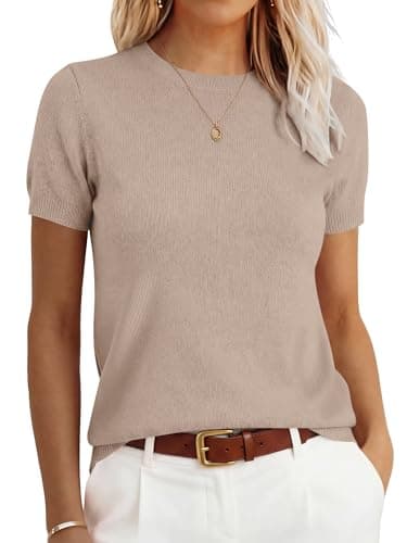 ANRABESS Womens 100% Wool Sweater, Office Work Sweaters, Soft Lightweight for Summer Spring, Short Sleeve Business Casual Top Khaki X-Large