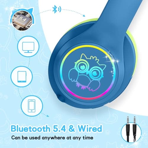 LOBKIN Active Noise Cancelling Headphones for Kids with Case - RGB LED Light Up Foldable Adjustable Over Ear Headphone Support Wireless or 3.5mm Wired Mode for Toddler & Girls & Boys Teens - Thumbnail 3