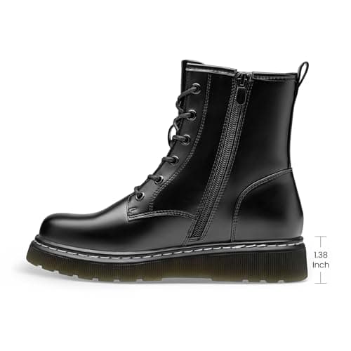 Athlefit Women's Lace-Up Combat Boots Fashion Casual Low Platform Lug Sole Ankle Booties with Side Zipper for Daily Wear,Black Smooth,Size 6,AD01863 - Thumbnail 4