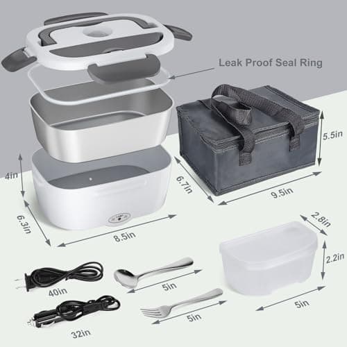 Vabaso Electric Lunch Box Food Heater, 80W Electric Heating Lunch Boxes Lunch for Car/Men/Adults/Home/Work, 1.5L Removable 304 Stainless Steel Container, 110V/12V/24V, with Fork & Spoon - Thumbnail 6