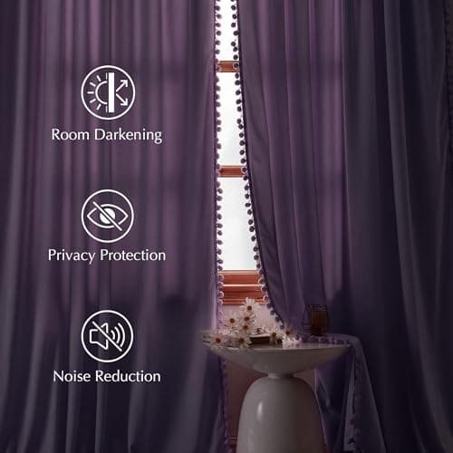NICETOWN Lilac Purple Velvet Curtains 96 Inch Length (2 Panels) – Pom Pom Room Darkening Drapes for Nursery & Kids Room, Thermal Insulated Soft Window Treatments Whimsical Charm Decor - Thumbnail 4