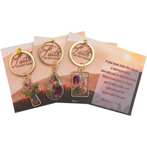 Qpige Christian Mustard Seed Floral Keychain Gifts for Women Bulk, 3/12/30 Pack Real Dried Flower Resin Keychains with Bible Verse Cards, Religious Faith Gifts for Sister Mom Daughter Friends(Gold,3) - Image 1