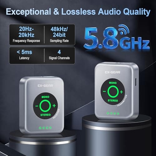 EX GEAR Wireless in Ear Monitor System 5.8GHz, Ultra-Low Latency Clear Stereo Monitoring, 48kHz/24-bit Audio, Rechargeable TX/RX, One-to-Many Auto-Pairing, 100ft Range, Space Gray - Thumbnail 2