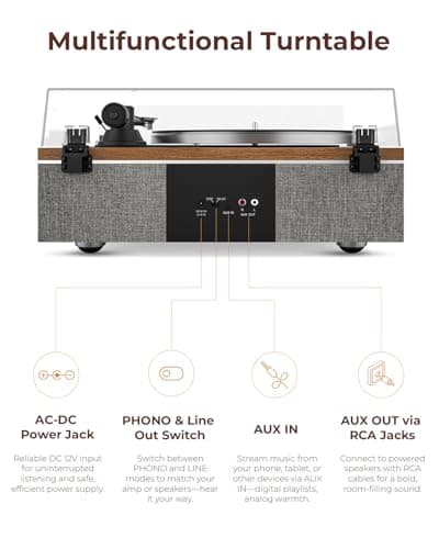 QLEARSOUL ONE-S Vinyl Record Player with Bluetooth Input/Output, All-in-One Vintage Turntable Built in Speakers, Phono Preamp & DSP, AT-3600L Cartridge, 33/45 RPM (Walnut) - Thumbnail 6